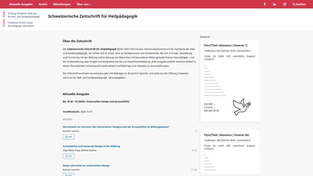  Webplattform der Schweizerischen Zeitschrift für Heilpädagogik mit Angaben zur Platzierung der Inserate 